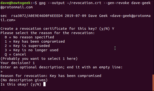 perguntas de certificado gpg em uma janela de terminal