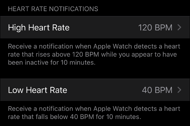 Notificações de frequência cardíaca alta e baixa no Apple Watch