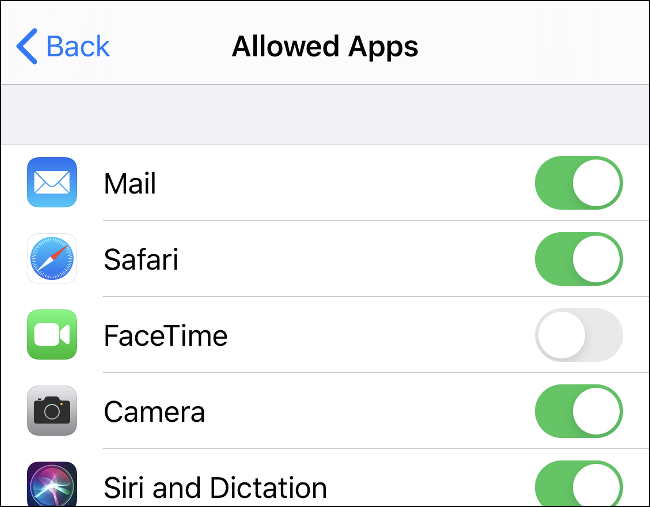 O menu "Aplicativos permitidos" no iOS.