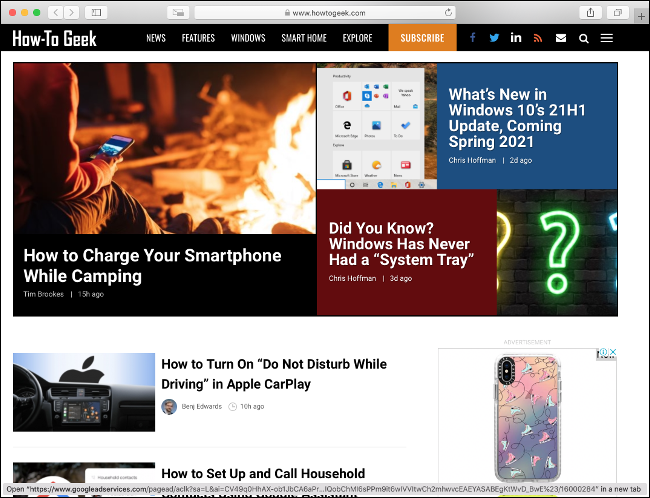 A página inicial do How-To Geek no Safari.