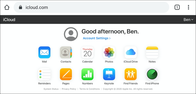 O painel do iCloud no Android, mostrado no modo de visualização Desktop