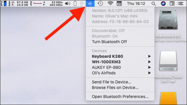 Segure a tecla Opção e clique no ícone "Bluetooth"