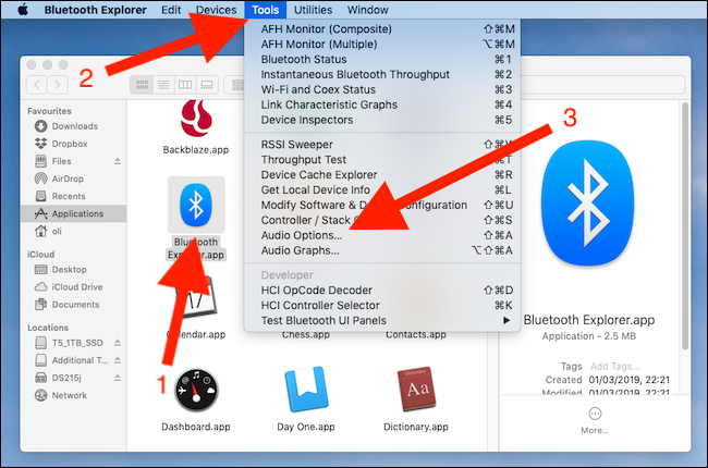 Clique duas vezes em Bluetooth Explorer.  Clique em Ferramentas.  Clique em Opções de áudio.