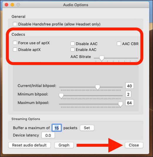 Marque o uso forçado de aptX e habilite as caixas AAC.  Clique em fechar.