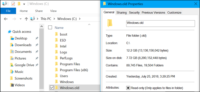 Tamanho da pasta Windows.old no Explorador de Arquivos