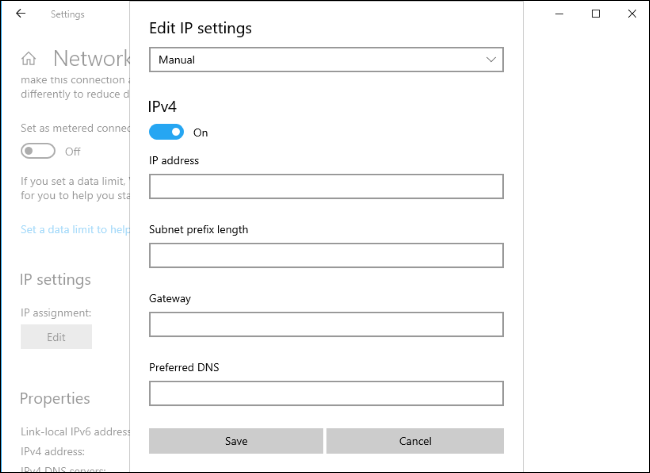 Configuração manual de IP nas configurações do Windows 10