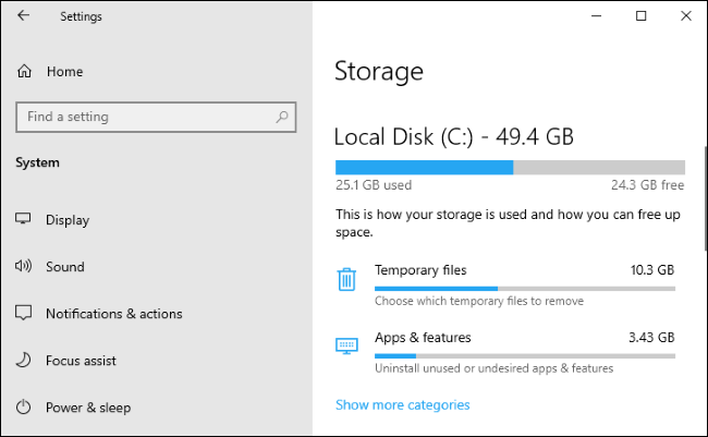 Configurações de armazenamento no Windows 10