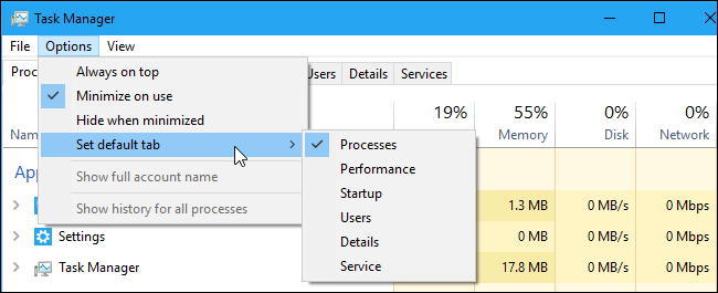 O menu Definir guia padrão no Gerenciador de Tarefas do Windows 10