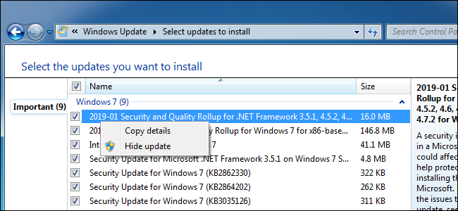 Ocultando uma atualização no Windows Update no Windows 7