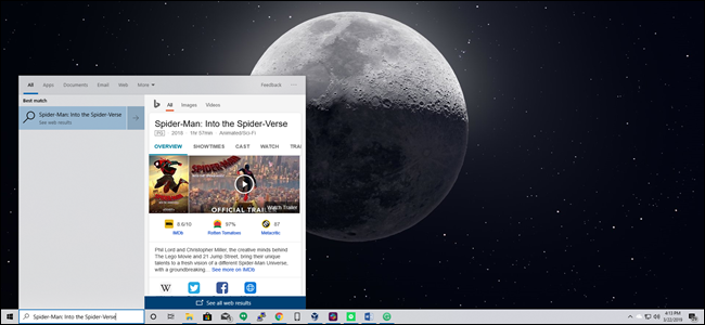 Pesquisa no menu Iniciar do Windows 10 com resultados da web do Bing para Homem-Aranha: Into o Verso-Aranha