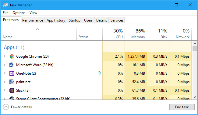 Ver o uso de recursos do aplicativo no Gerenciador de Tarefas do Windows