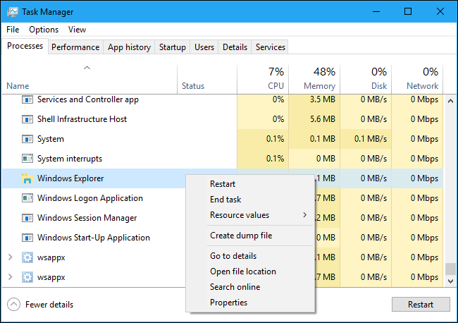 Opção para reiniciar o Windows Explorer no Gerenciador de Tarefas