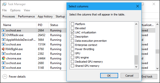 Seleção de colunas para a guia Detalhes do Gerenciador de Tarefas do Windows