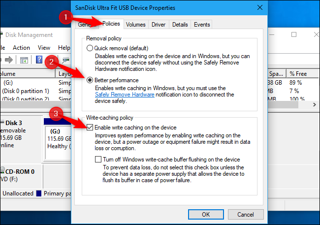 Habilitando o cache de gravação para armazenamento externo no Windows 10