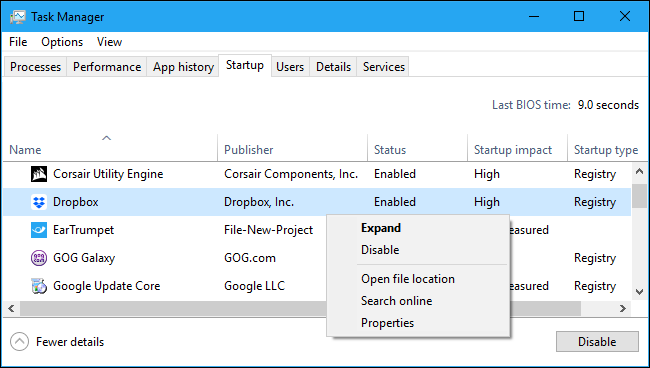 Desativando um aplicativo de inicialização no Gerenciador de Tarefas do Windows 10