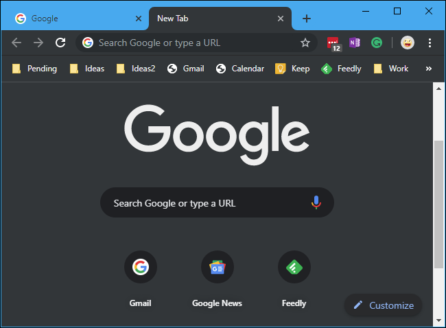 Modo escuro integrado do Chrome no Windows 10, mostrando a página nova guia