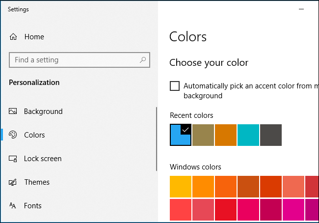 Escolha de uma cor de destaque no Windows 10