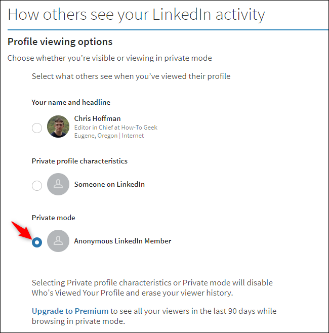 Opção para impedir que o LinkedIn compartilhe seu nome com alguém quando você visualiza o perfil dela