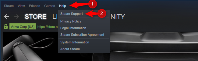 Opção de suporte Steam no menu Ajuda