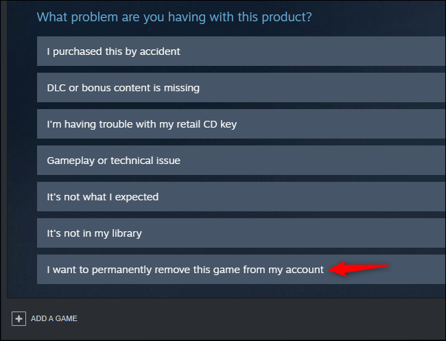 Opção para remover permanentemente um jogo de uma conta Steam