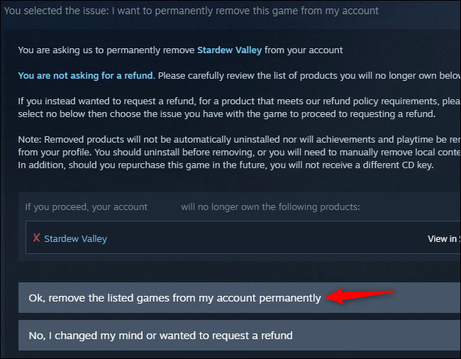 Confirmação para remoção de um jogo Steam
