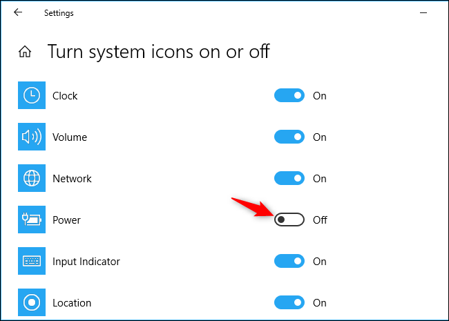 Opção para mostrar o ícone da bateria na barra de tarefas do Windows 10 no aplicativo Configurações