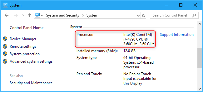 Nome do processador mostrado no painel de controle do Windows 10