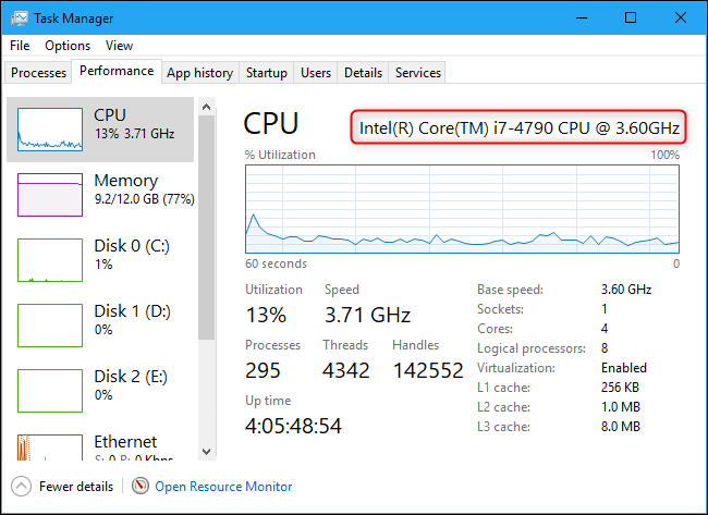 Nome da CPU e velocidade no Gerenciador de Tarefas do Windows 10.