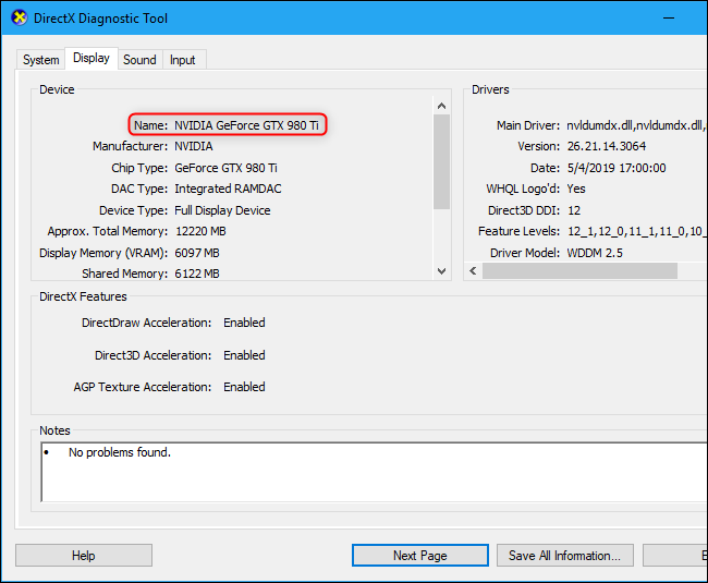 Ferramenta de diagnóstico DirectX mostrando o nome da placa gráfica do computador