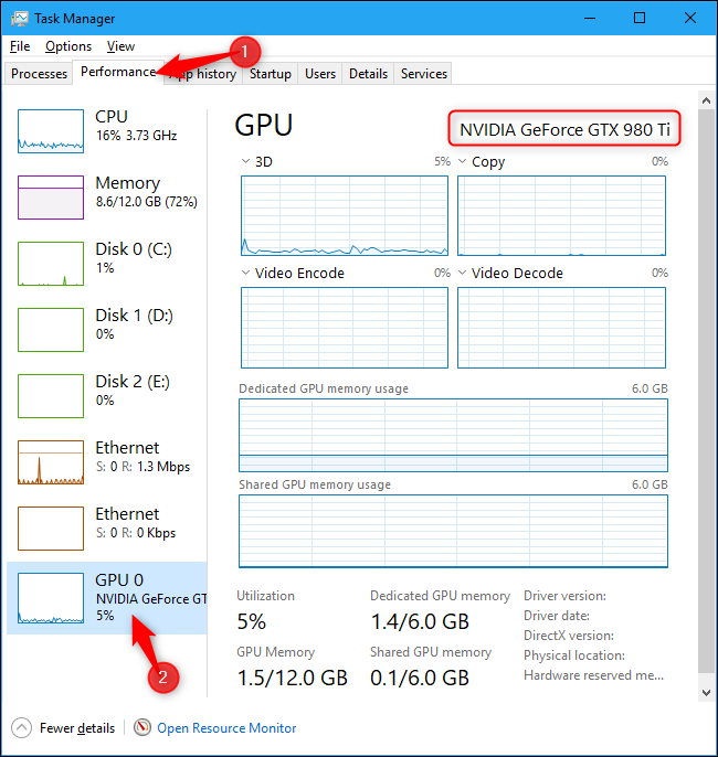 Nome da GPU do computador mostrado no Gerenciador de Tarefas do Windows 10