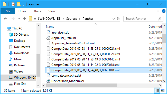 Arquivo CompatData na pasta Panther do Windows 10