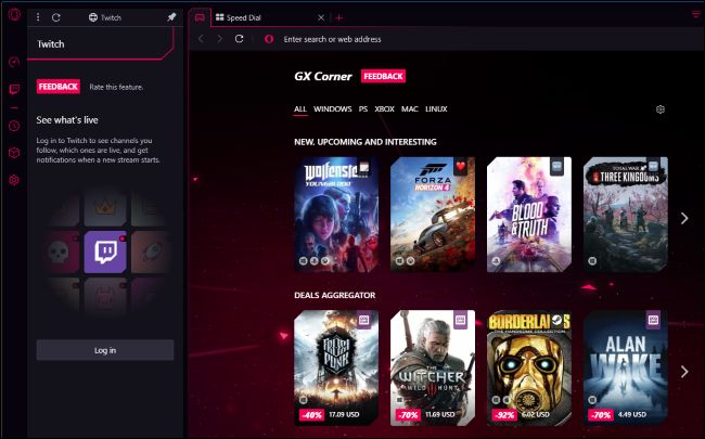 Opera GX Corner e painel da barra lateral do Twitch