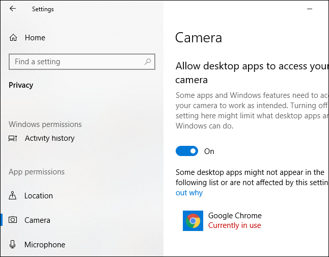 Configurações da câmera do Windows 10 mostrando qual aplicativo está usando sua câmera