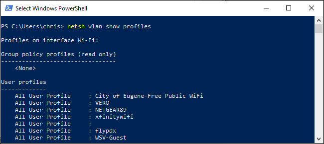 Lista de perfis sem fio salvos no PowerShell