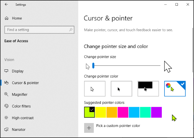 Seleção personalizada da cor do ponteiro do mouse no aplicativo Configurações do Windows 10 com o cursor verde selecionado.
