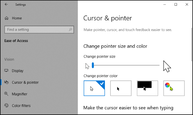 O menu "Cursor e ponteiro" no aplicativo Configurações do Windows 10.