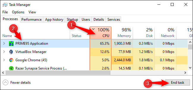 Clique na coluna "CPU" para classificar pelo uso da CPU.  Clique em um processo para selecioná-lo e clique em “Finalizar Tarefa”.