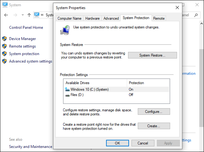 Opções de restauração do sistema no Windows 10.