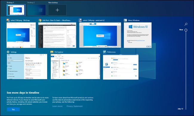 Interface do Task View no Windows 10.