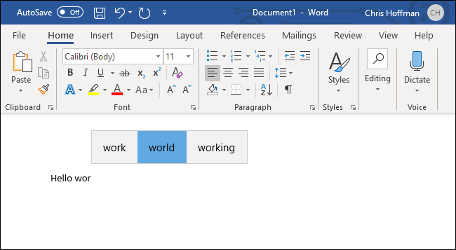 Previsão de texto do Windows 10 para um teclado de hardware no Microsoft Word.
