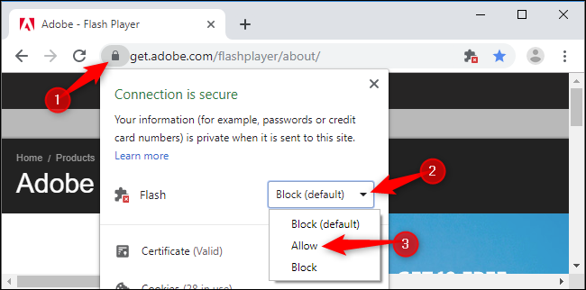 Clique no ícone de cadeado, clique na caixa "Flash" e, em seguida, clique em "Permitir".