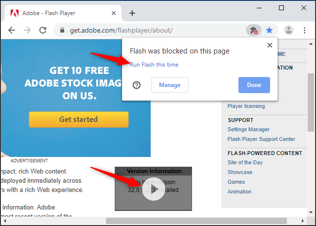 Clique no botão Reproduzir para executar um objeto Flash individual e clique em "Executar Flash desta vez" para carregar todo o conteúdo Flash.