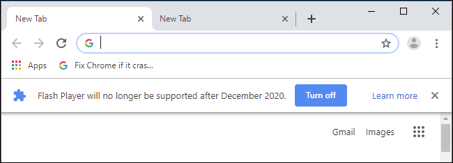 Mensagem de banner "Flash Player não será mais compatível após dezembro de 2020" no Google Chrome.