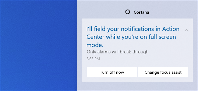 Mensagem do Cortana Focus Assist no Action Center