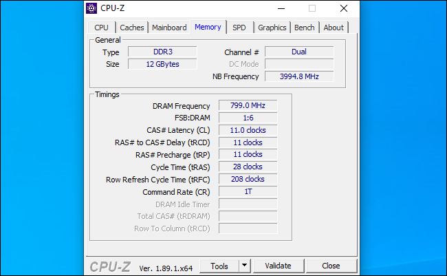 CPU-Z mostrando tempos de RAM
