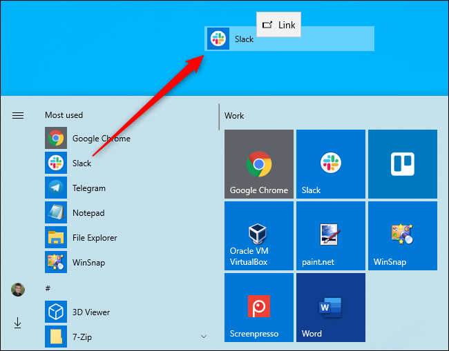 Criação de um atalho na área de trabalho a partir do menu Iniciar do Windows 10