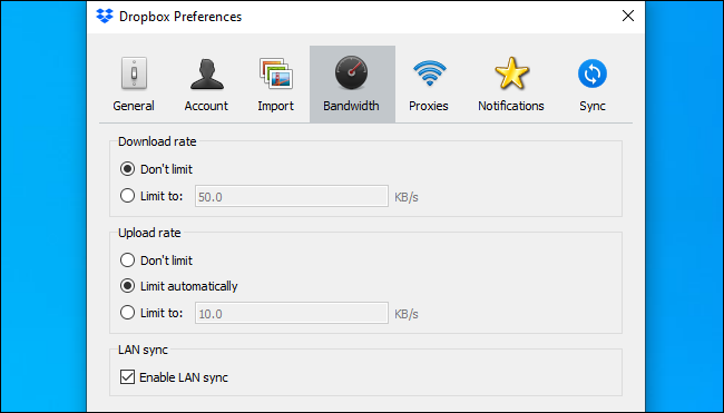 Preferências da caixa de depósito mostrando as opções de ativação de sincronização de LAN