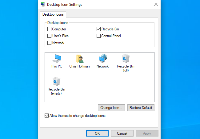 A caixa de diálogo de configurações do ícone da área de trabalho do Windows
