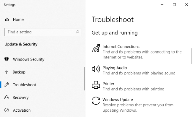 Ferramentas de solução de problemas no aplicativo Configurações do Windows 10