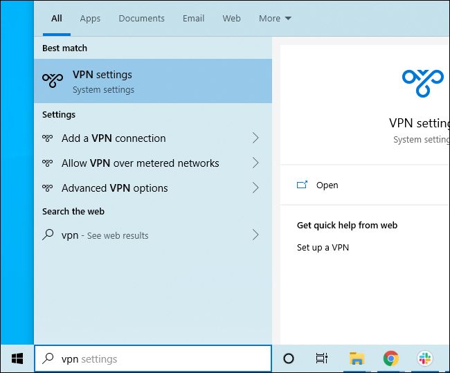 Pesquisando o menu Iniciar do Windows 10 para configurações de VPN